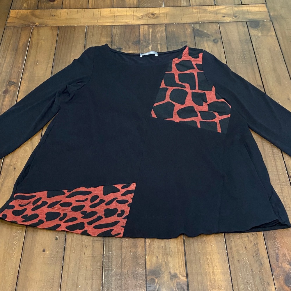 ALEMBIKA Asymmetric Mixed Media Swing Tunic Top Black Rust Animal Print Size 0